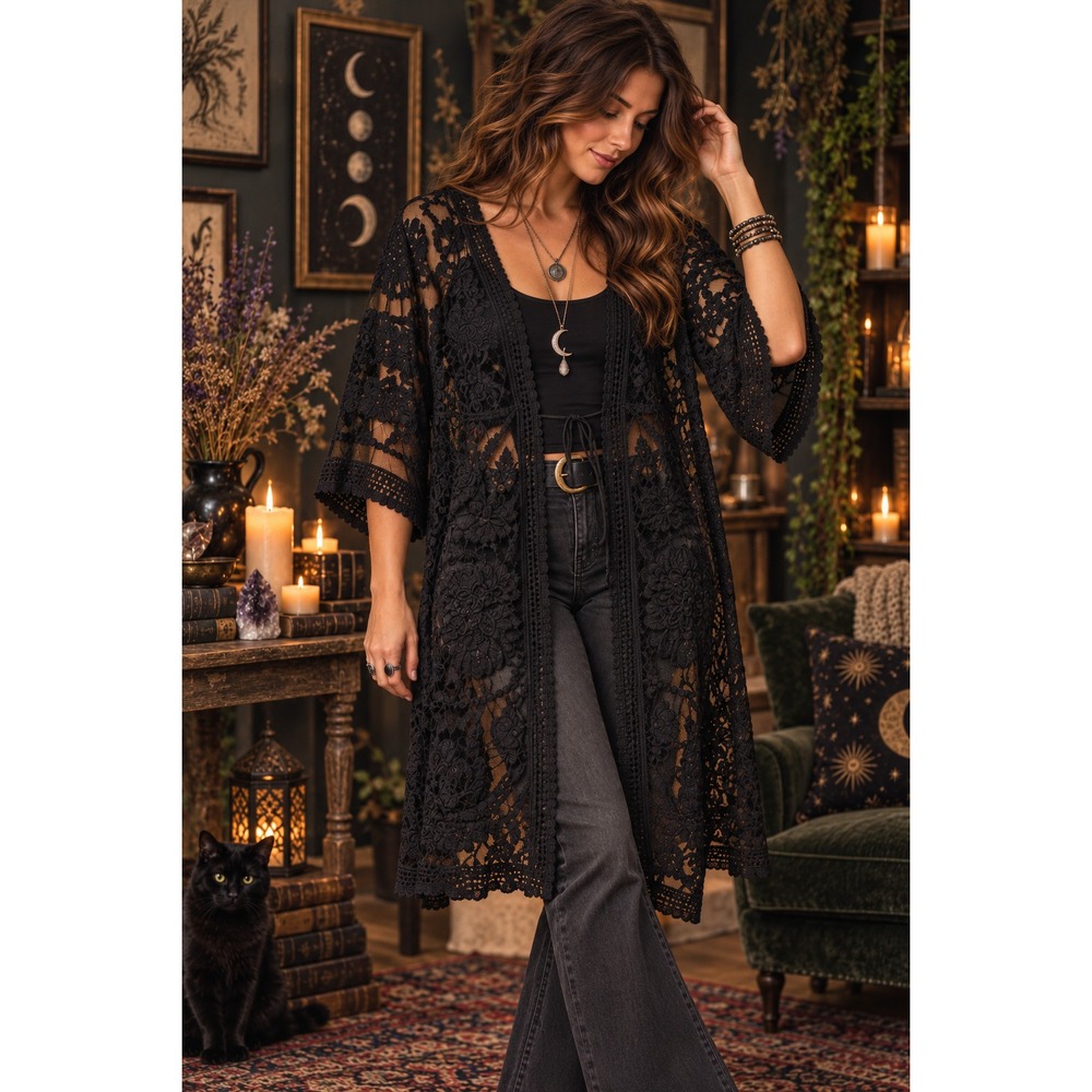 Black Lace Kimono Cardigan Sz S Whimsigoth Witchy Boho Sheer Floral Oversized